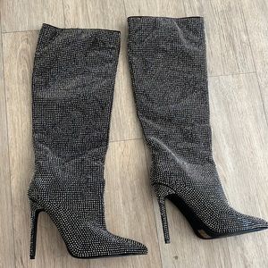 Elegant Black Rhinestone Knee-High Boots